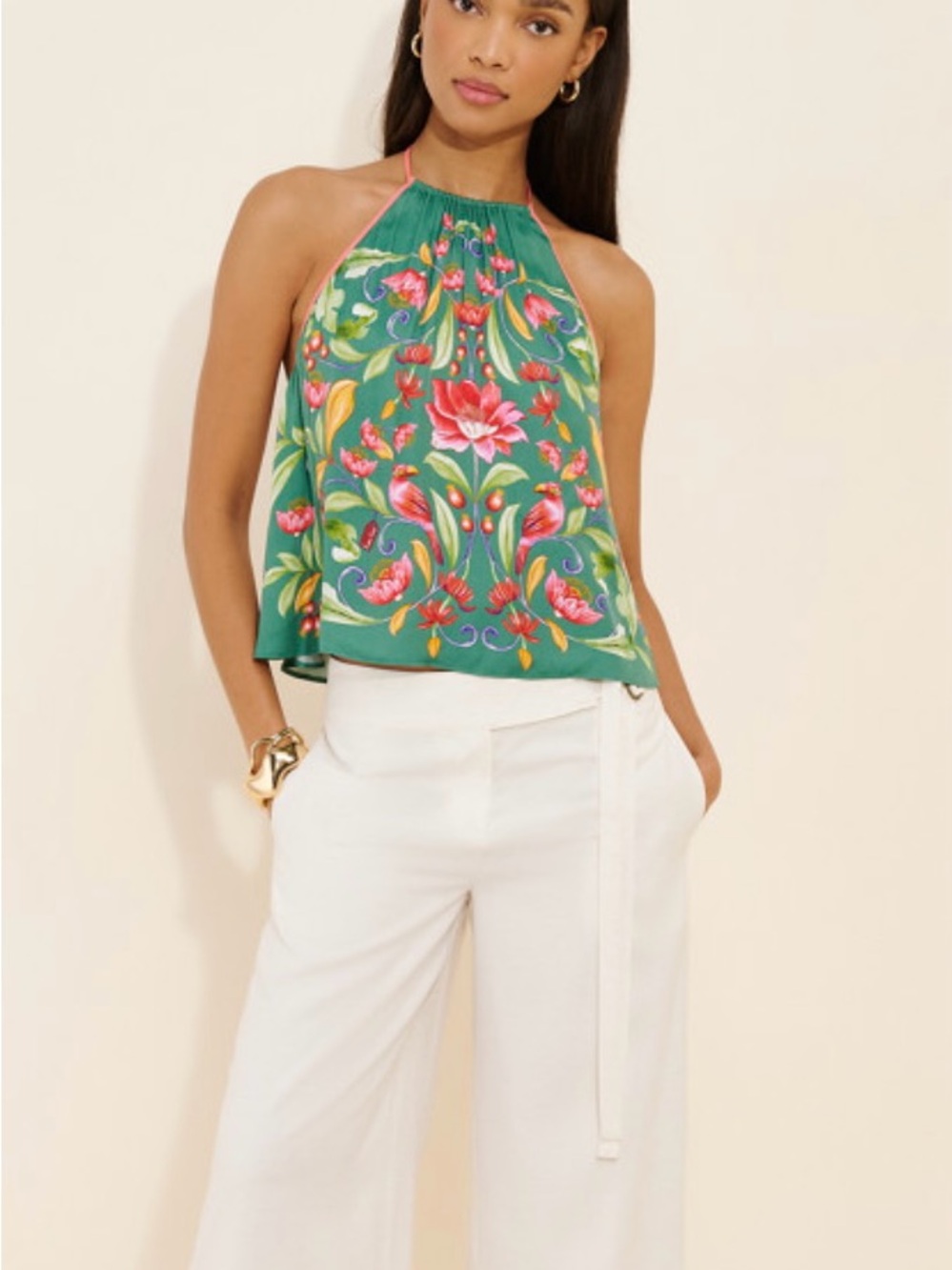 Farm Rio Green Floral Tropical Halter Neck Swing Top - Picture 3 of 6